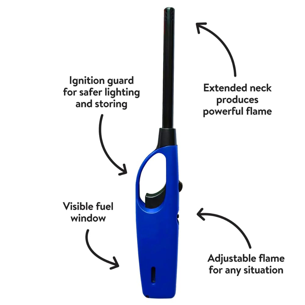 Multipurpose Refillable BBQ Lighter for Grilling, Camping, Fireplace, Candles, Kitchen Use, Long Reach Safety Flame Control, Blue, 1 Unit