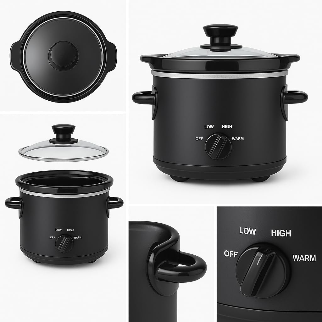 2 Quart Manual Slow Cooker with Removable Stoneware Insert & Glass Lid – Matte Black Crock Pot, Easy Temperature Control, Energy Efficient,