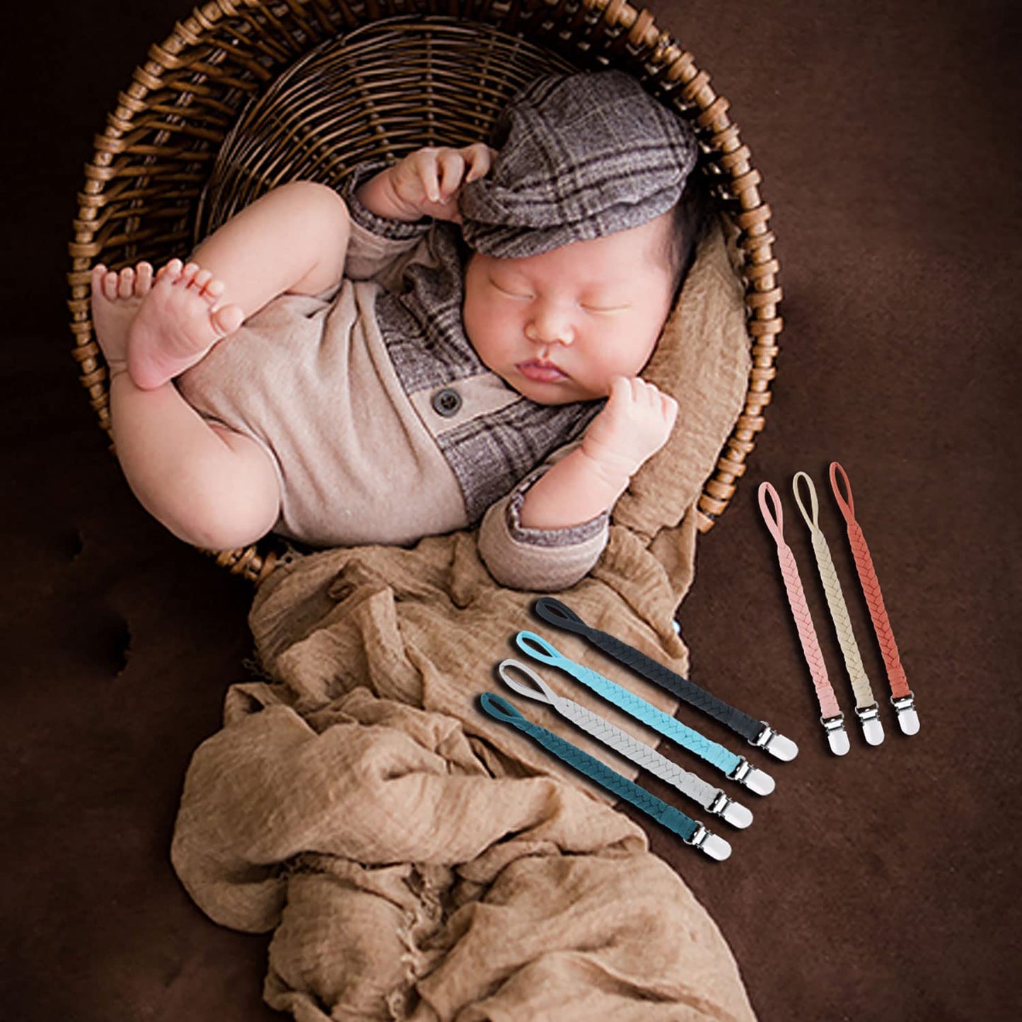 Pacifier Clips for Baby Boy and Girls, Handmade Braided Pacifier Holder, Baby Pacifiers Clips Leash Cotton Smoother Binky Clips Newborn Fits All