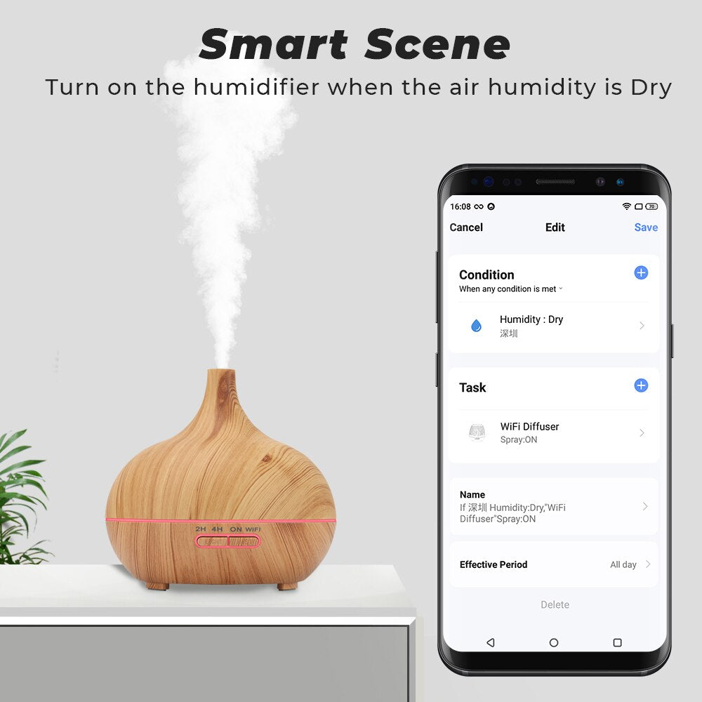 Tuya WiFi Smart Home Humidifier Essential Aroma Oil Diffuser Ultrasonic 400ml Wood Grain Air Humidifier Mist Maker LED Light