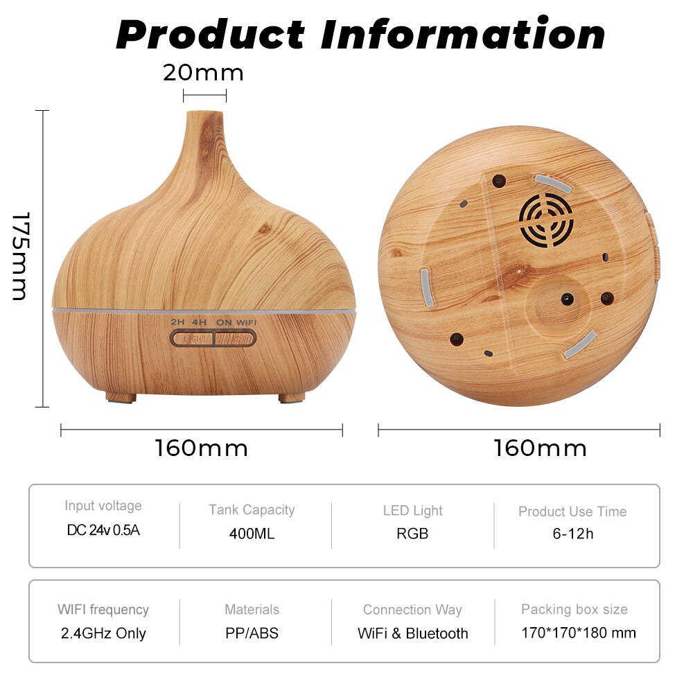 Tuya WiFi Smart Home Humidifier Essential Aroma Oil Diffuser Ultrasonic 400ml Wood Grain Air Humidifier Mist Maker LED Light