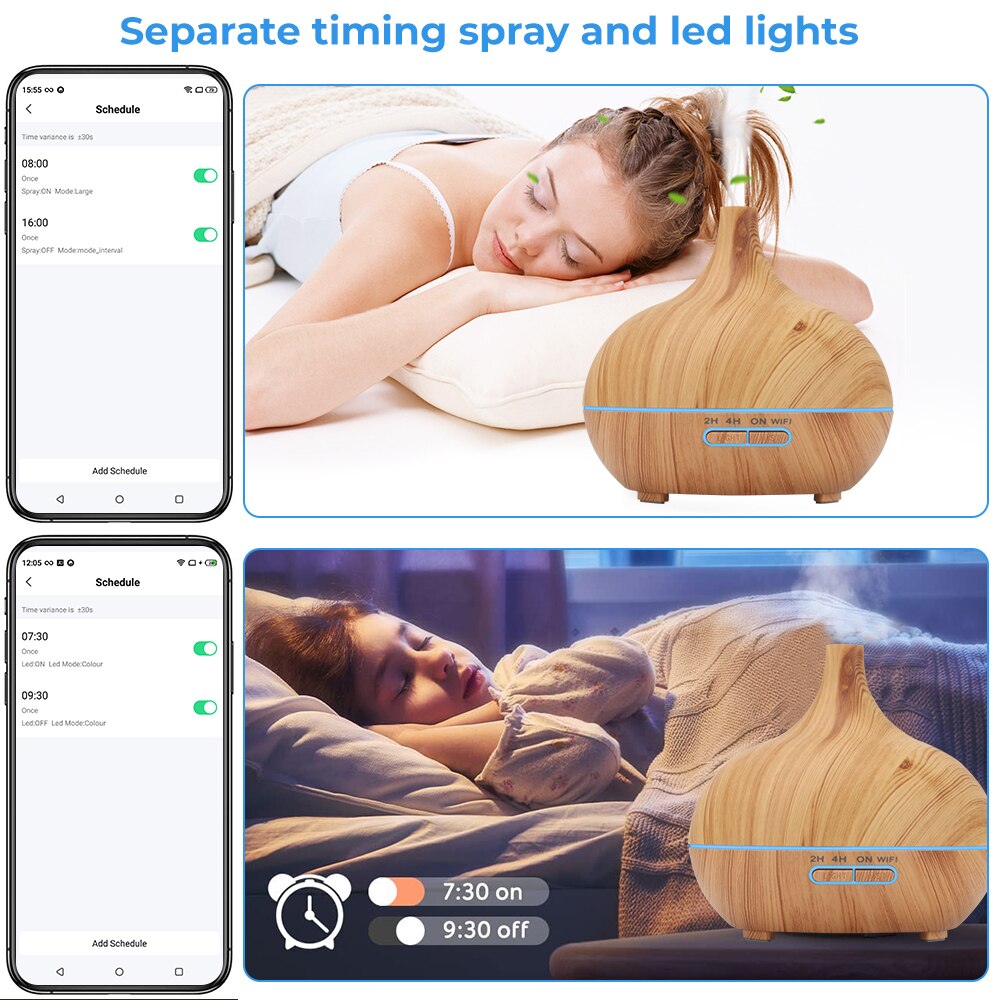 Tuya WiFi Smart Home Humidifier Essential Aroma Oil Diffuser Ultrasonic 400ml Wood Grain Air Humidifier Mist Maker LED Light