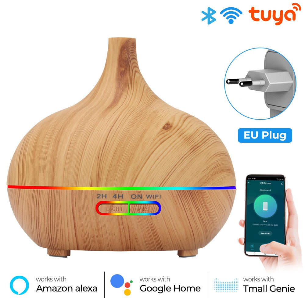 Tuya WiFi Smart Home Humidifier Essential Aroma Oil Diffuser Ultrasonic 400ml Wood Grain Air Humidifier Mist Maker LED Light