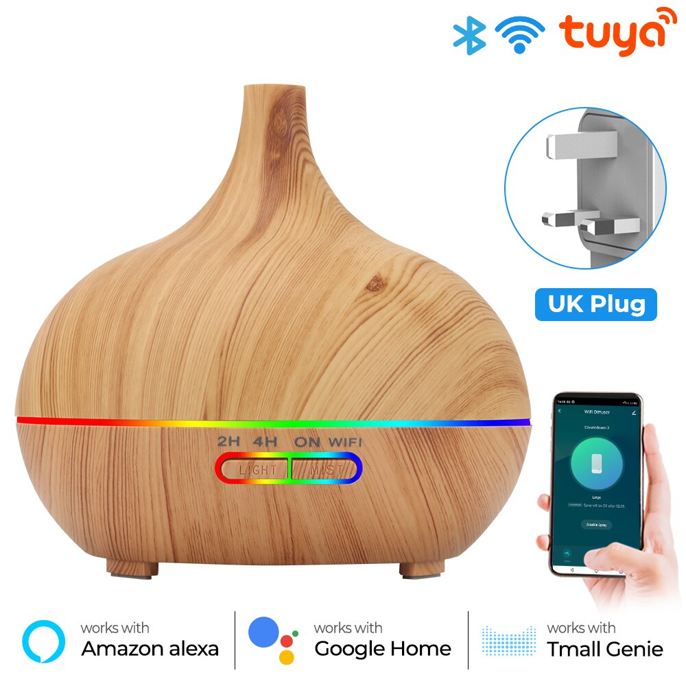 Tuya WiFi Smart Home Humidifier Essential Aroma Oil Diffuser Ultrasonic 400ml Wood Grain Air Humidifier Mist Maker LED Light