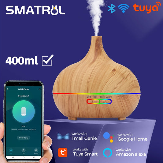 Tuya WiFi Smart Home Humidifier Essential Aroma Oil Diffuser Ultrasonic 400ml Wood Grain Air Humidifier Mist Maker LED Light